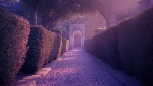 Lavender garden pathway French style with a symmetrical layout featuring purple hedges and a classic stone archway in soft dreamy morning mist.