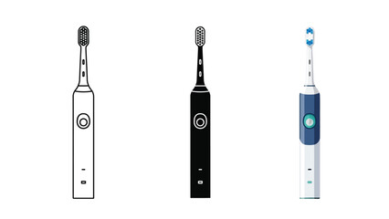 Set of three electric toothbrushes in outline, silhouette and color vector illustration styles
