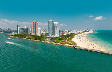 Miami beach cityscape. Miami summer aerial view. Miami Beach shoreline. Blue ocean skyline.