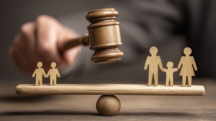 A judge’s hand raising a wooden gavel above an uneven family balance scale with peg doll figures, symbolizing justice, fairness, and family law decisions for World Social Justice Day.