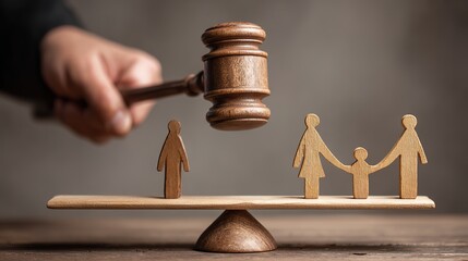 A judge’s hand raising a wooden gavel above an uneven family balance scale with peg doll figures, symbolizing justice, fairness, and family law decisions for World Social Justice Day.