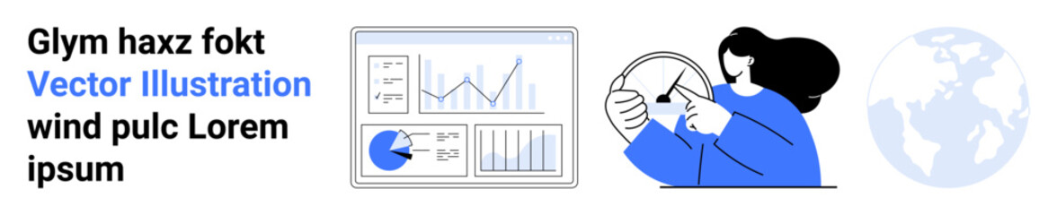 Charts, graphs, and a professional analyzing findings with a globe in the background. Ideal for business strategy, data presentation, analysis, research, global outreach, management simple landing
