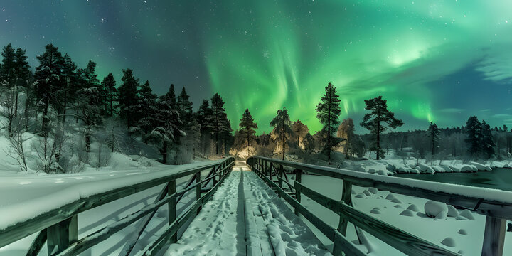 Spectacular display of northern lights illuminates a snowy landscape, featuring a wooden bridge leading towards a forested area under a dark night sky with vibrant green and white colors, evoking a... - Powered by Adobe