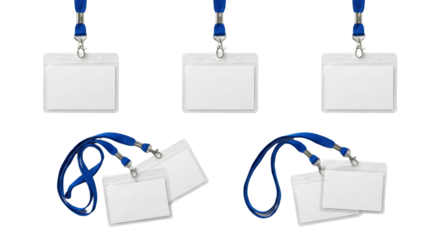 Collection of blank identification badges with lanyards isolated on a modern background