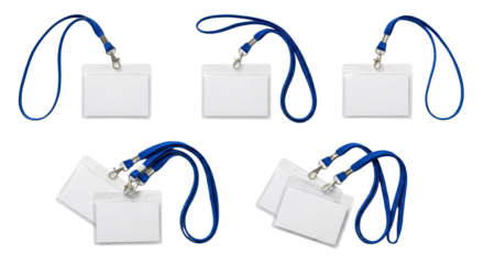 Set of blank white identification badge holders with blue lanyards isolated on a black background