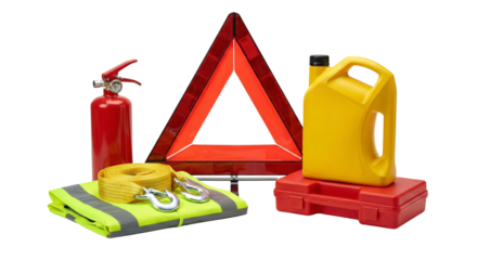 Comprehensive safety warning kit with reflective triangle fire extinguisher and toolset isolated