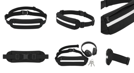 Collection of modern black accessories including headbands, headphones, and pouches isolated on