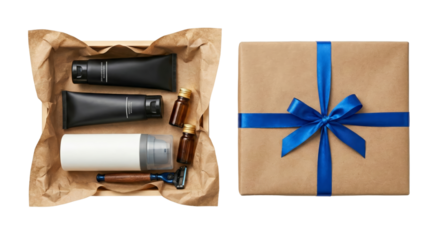 Elegant gift box with a bright blue ribbon and a collection of beauty and grooming products on a