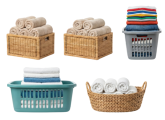Organized laundry supplies featuring neatly rolled towels and colorful folded clothes isolated
