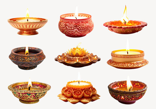 Colorful Decorative Diwali Oil Lamps Element Design Set