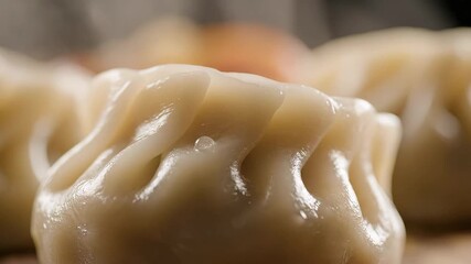 A delectable closeup shot of a freshly steamed dumpling showcasing its intricate pleats and glossy moist wrapper ready to be enjoyed as a savory appetizer or main course highlighting the rich culinar.