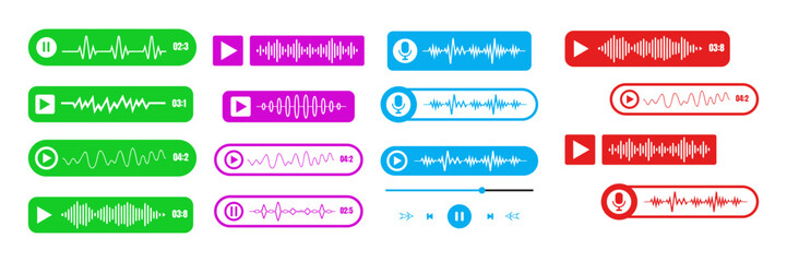 Voice message. Record voice note messages players with waveforms, playback controls and durations audio icons. Cell phone UI design, smartphone chat app, podcast interfaces elements. Vector set