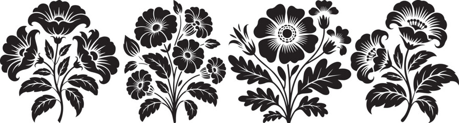 Stylized black floral ornament illustration inspired by traditional folk art for modern design © Khurram