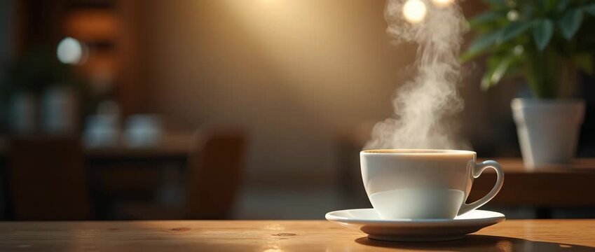 Steaming coffee cup on rustic table, gentle steam motion, slow cinematic pan, cozy cafe ambiance with soft lighting and blurred background, ideal for hospitality and lifestyle themes.