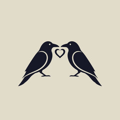 Elegant Silhouette of Two Crows Forming a Heart Shape with Their Beaks, Symbolizing Love and Connection