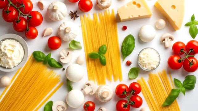 Pasta ingredients with tomatoes, basil, and cheese.