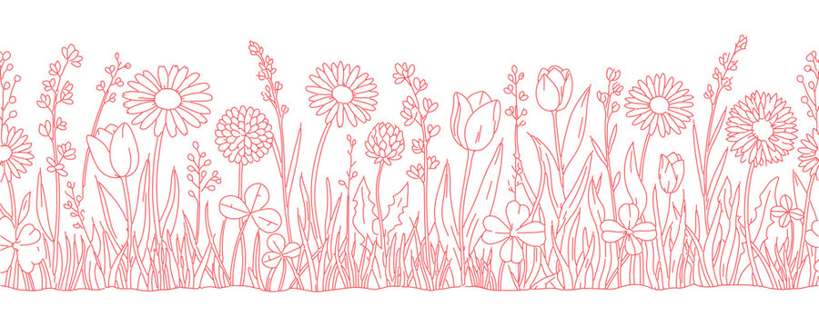 A border of spring flowers stretches horizontally. This line doodle presents a repeating outline illustration filled with daisies, clovers, tulips, and assorted field grasses.
