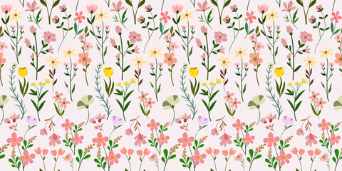 Colorful seamless floral patterns and garden elements in spring designs. Hand-painted exotic flowers, seamless patterns, flowers for fabric, textiles, clothing, gift wrapping, covers, banners, home de © yeen