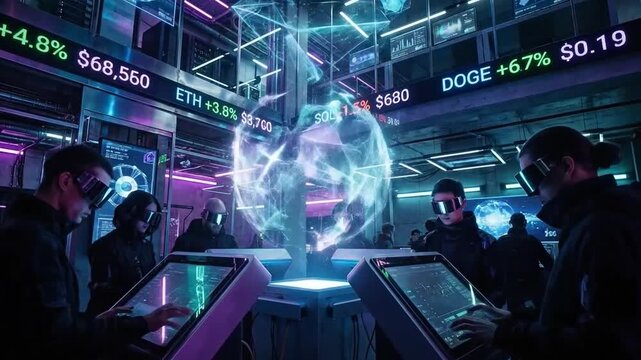 People in futuristic headsets analyze complex financial data on interactive digital screens and holographic displays in a vibrant cyber environment.