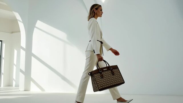 Elegant Businesswoman Walking with Luxury Handbag in Bright White Room - Fashion Editorial Photography