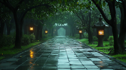Rainy Garden Path At Night With Lanterns Lighting A Peaceful Park Walk. A wet stone path winds through a lantern-lit park at night. Glowing lights reflect on puddles under leafy arches