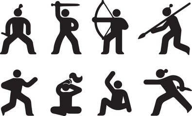 Set of black vector silhouettes showing people in action including a man with a sword and various sports poses