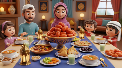 Heartwarming animated family gathers for a grand festive dinner, savoring a rich spread of traditional cultural food and delightful desserts
