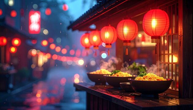 3D Japanese ramen yatai stall with urban copy space