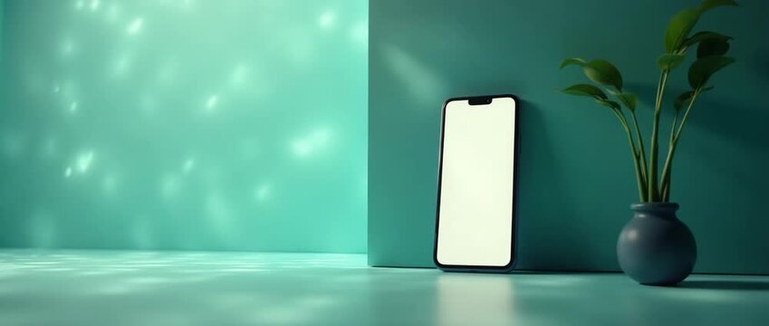 Modern smartphone leans against a teal wall next to a small vase with green leaves; camera slowly pans, capturing ambient light flicker, in a minimalist, cinematic style.