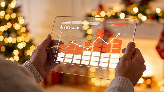 Focused person analyzing futuristic business technology graph data during holiday Christmas celebration with warm bokeh light - Powered by Adobe