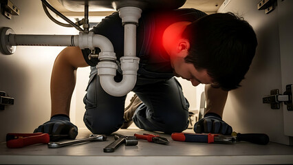 Man experiencing lower back pain while fixing pipes under a sink. Home repair, strain, and injury concept.