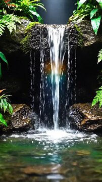 A serene waterfall cascades over mossy rocks into a tranquil pool amid lush flora