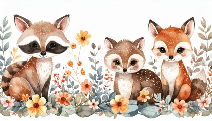 Fototapeta premium Watercolor set of forest cartoon isolated cute baby fox, deer, raccoon and owl animal with flowers. Nursery woodland illustration. Bohemian boho drawing for nursery poster, pattern