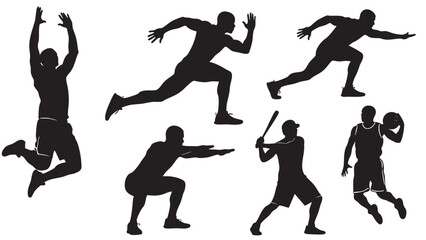 Obraz premium Dynamic collection of male athletic silhouettes showcasing various sports actions and fitness movements isolated on transparent background