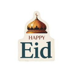 Happy Eid celebration sticker with mosque dome and crescent moon