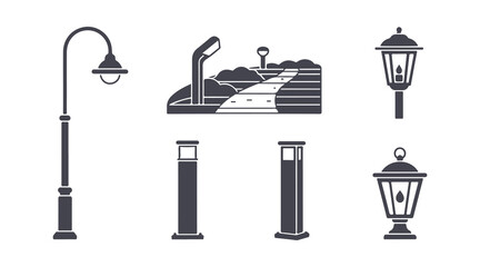 Icon of street lamps. Landscape lighting for patios, decks, and yards. Outdoor garden illumination. Vector flat icon collection
