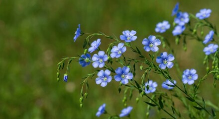 Delicate blue flowers bloom against a soft blurred green background