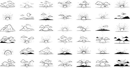 Set of 49 Hand-Drawn Sunrise and Sunset Icons, Abstract Sun with Rays, Clouds, and Mountains Line Art Illustrations, Vintage Sketch Style for Logos and Emblems © pixsource