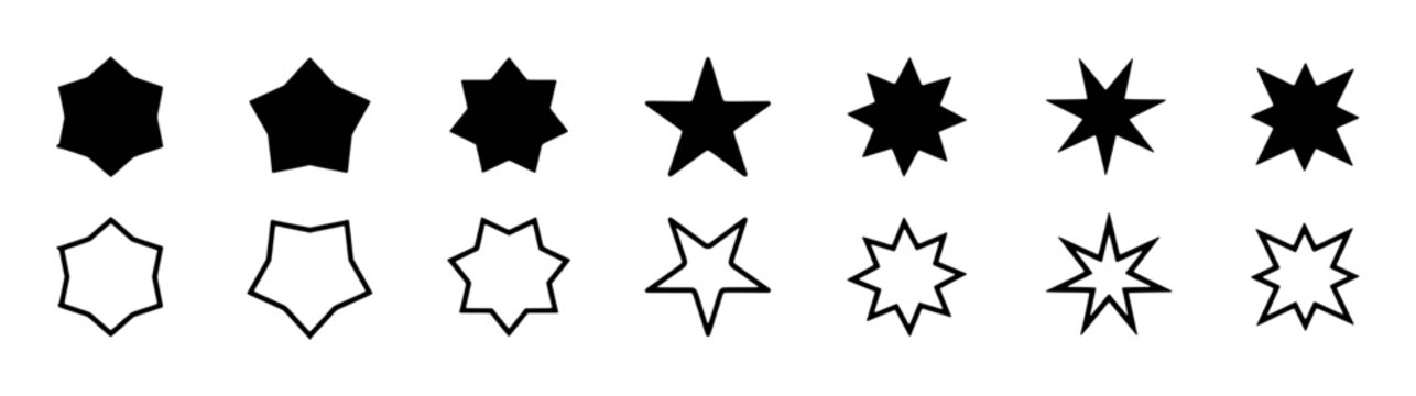 Collection of Black and White Star Shapes and Starburst Icons