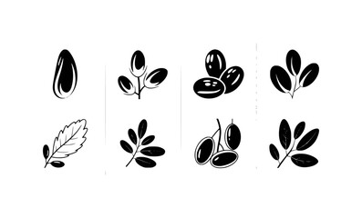 Collection of stylized black and white icons representing leaves and berries on a white background