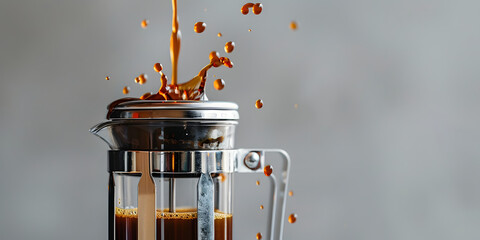The preparation of a beverage involves an exciting splash as the liquid is being poured from a glass carafe, the rich brown brew erupting upwards with dynamic movement against a neutral gray...