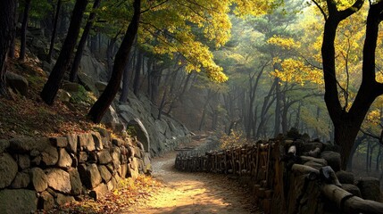 Sunlight illuminates winding dirt path beside ancient stone retaining walls in a dense autumn forest