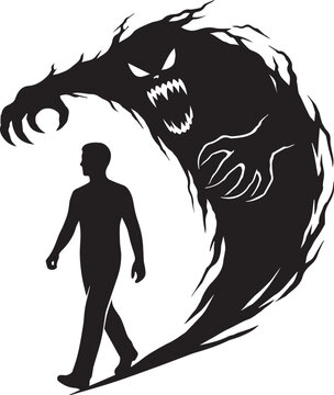 Man walking with monster shadow behind vector drawing silhouette illustration concept