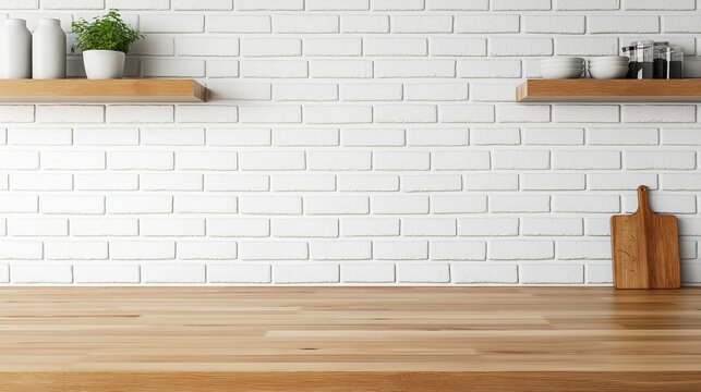 Empty wooden kitchen countertop and shelves against a white brick wall, ideal for product display or text