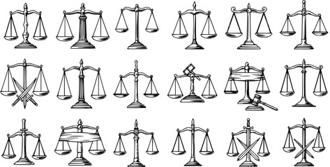 Vintage Scale of Justice Illustrations - Symbols of Law, Fairness, and Equality