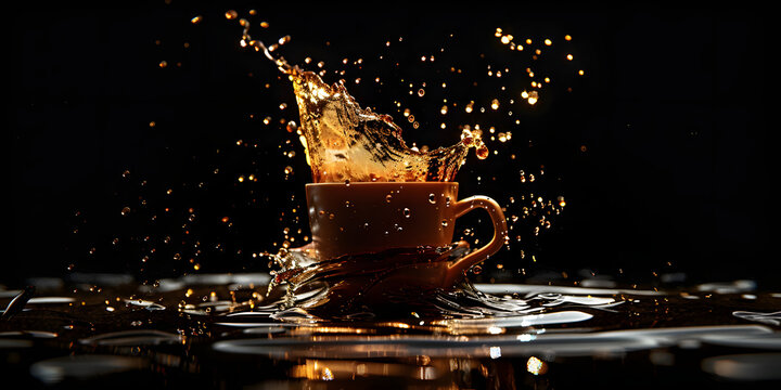 Dynamic action captures a cup overflowing with liquid, creating a dramatic splash effect against a dark backdrop.
