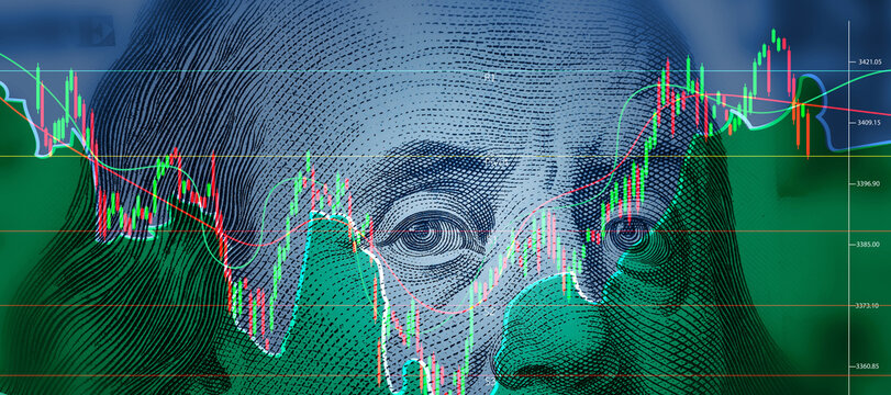 Close-up of Benjamin Franklin's face on a US dollar banknote with a colorful stock market chart overlay. Digital financial concept for currency exchange, forex trading, and global economic analysis.