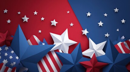 A vibrant composition of red, white, and blue stars and stripes, evoking themes of patriotism and celebration, with a dynamic 3D paper design.