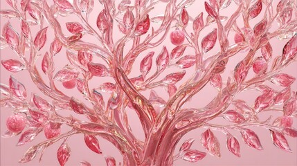 Illuminated crystalline tree structure features abundant pink foliage and fruit against a soft background