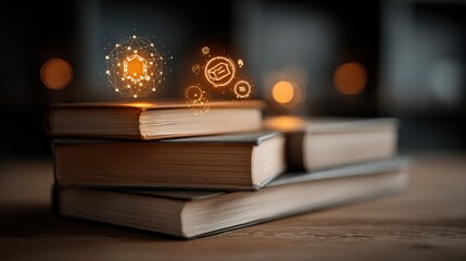 A stack of old books, lit up with modern digital symbols, symbolizing the bridge between past and present, wisdom and technology. ..Created with Generative AI, not depicting real subjects.